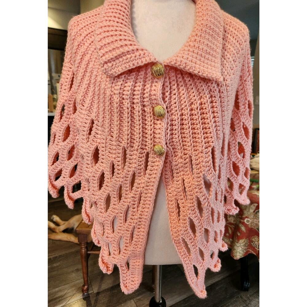 Vintage Crochet Granny Shawl Wrap Boho Hippie CottageCore Peach Small / Medium
